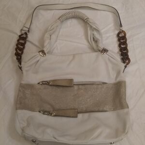 b. makowsky White & Gold Accent Tote with Chain Strap